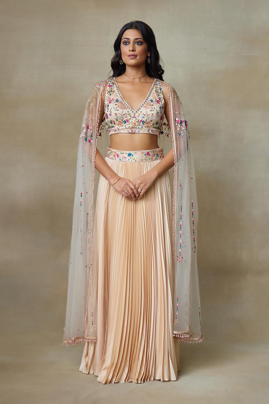 Toosh Stary Embroidered Blouse, Skirt & Cape Set