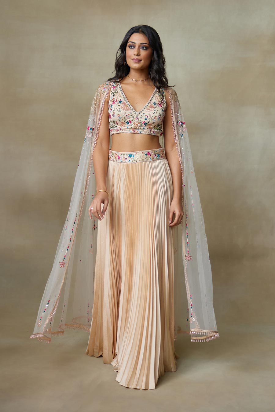 Toosh Stary Embroidered Blouse, Skirt & Cape Set