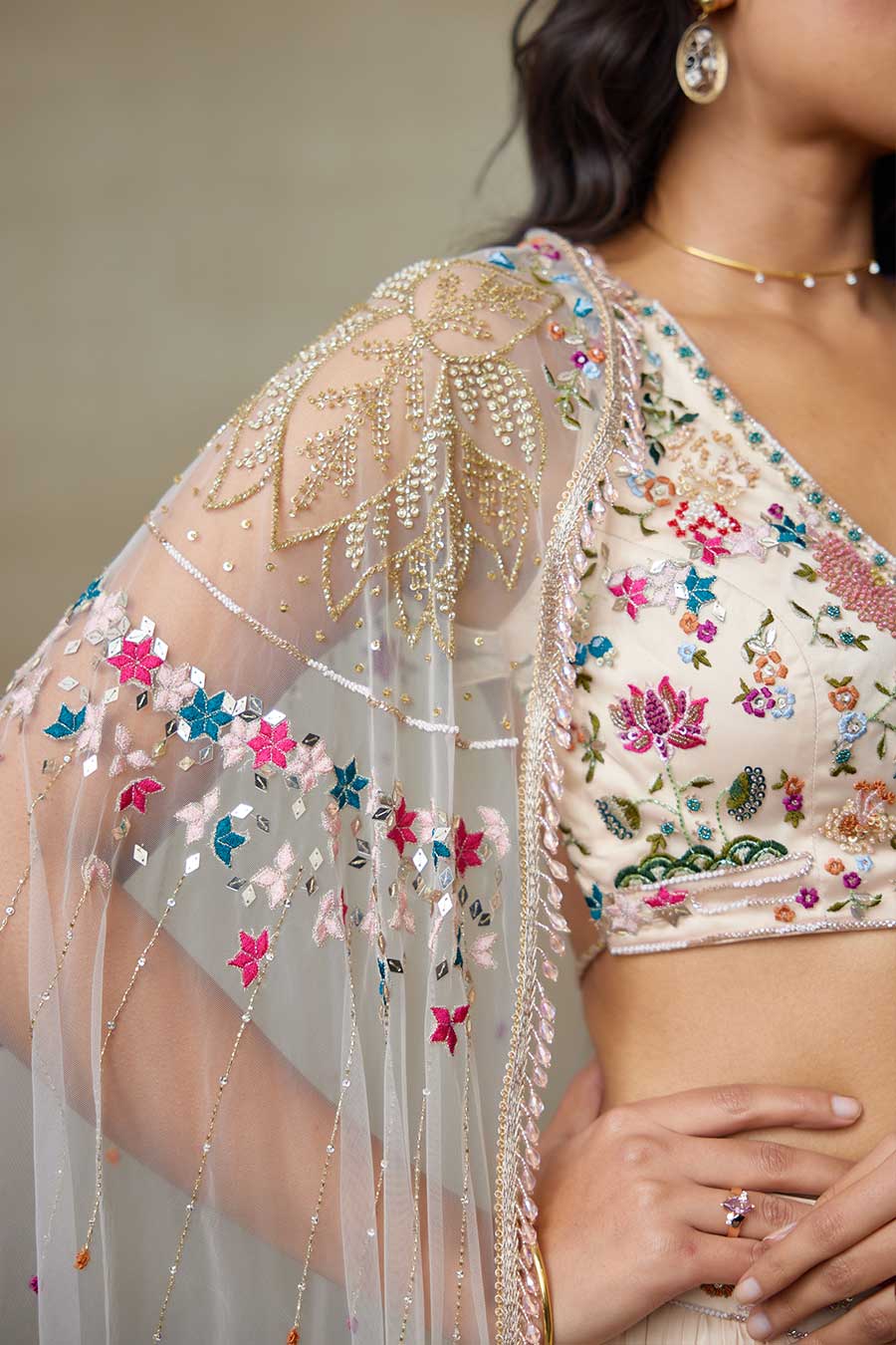 Toosh Stary Embroidered Blouse, Skirt & Cape Set