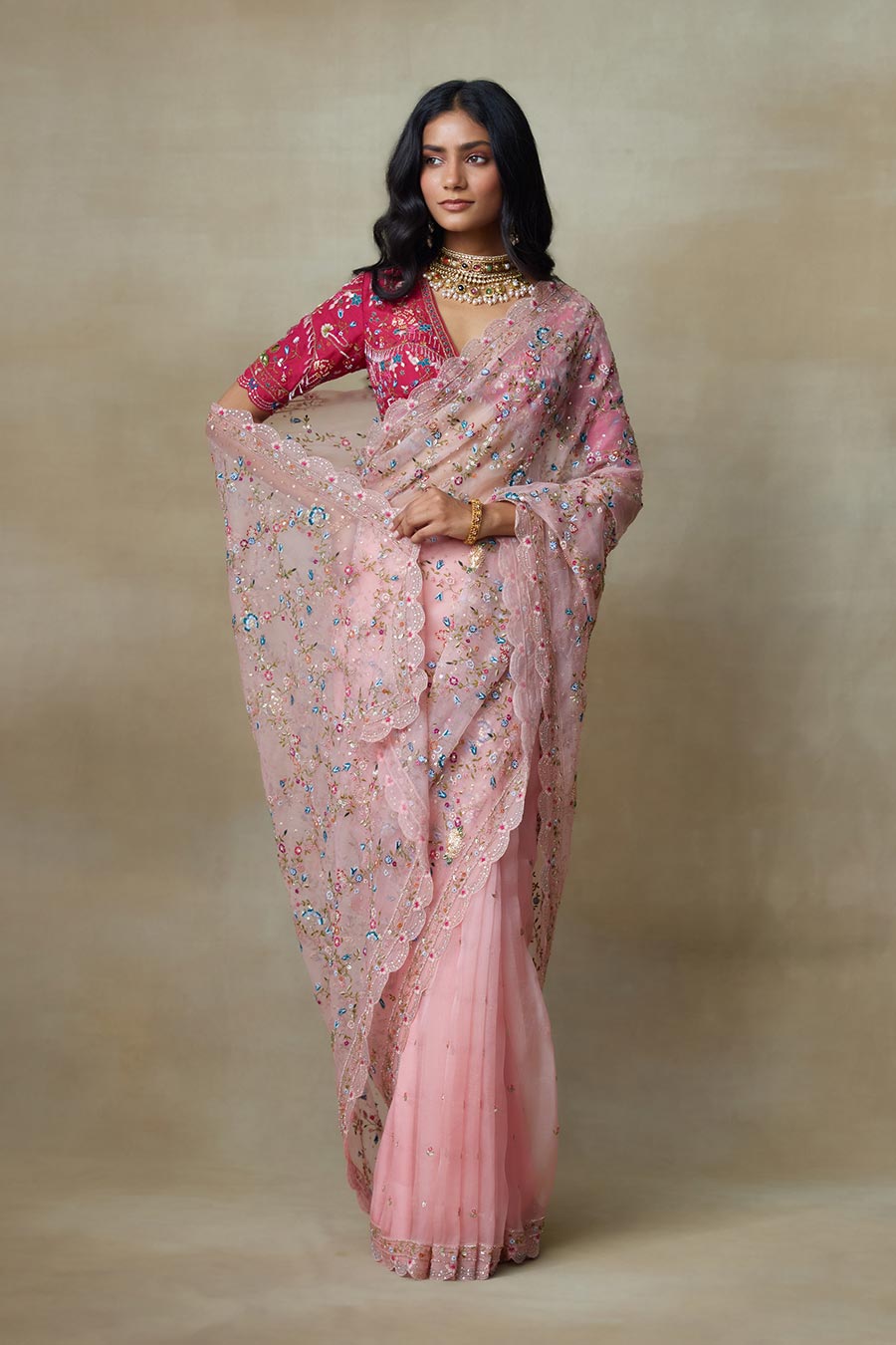 Pink Falcon Embroidered Saree Set