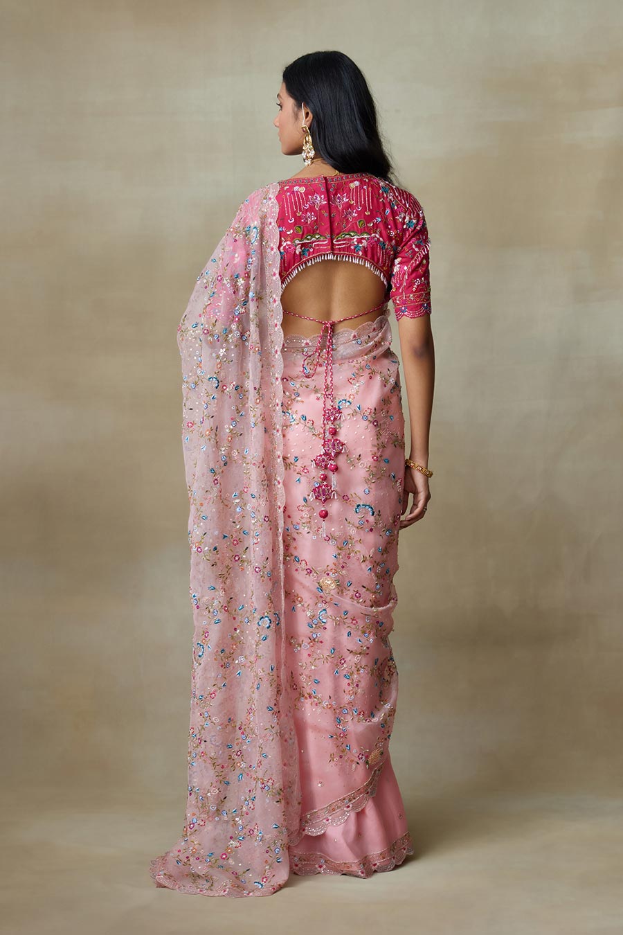 Pink Falcon Embroidered Saree Set