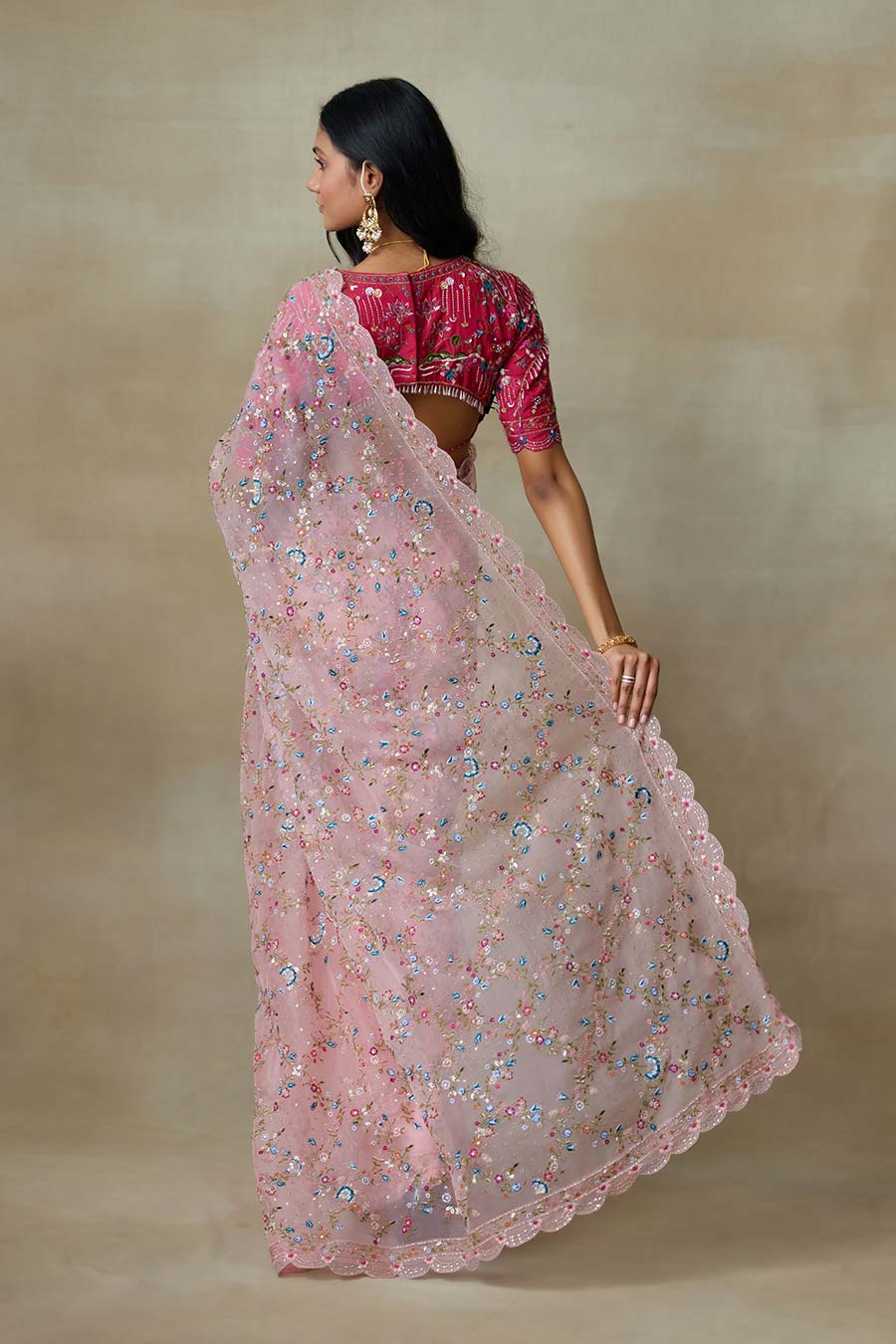 Pink Falcon Embroidered Saree Set