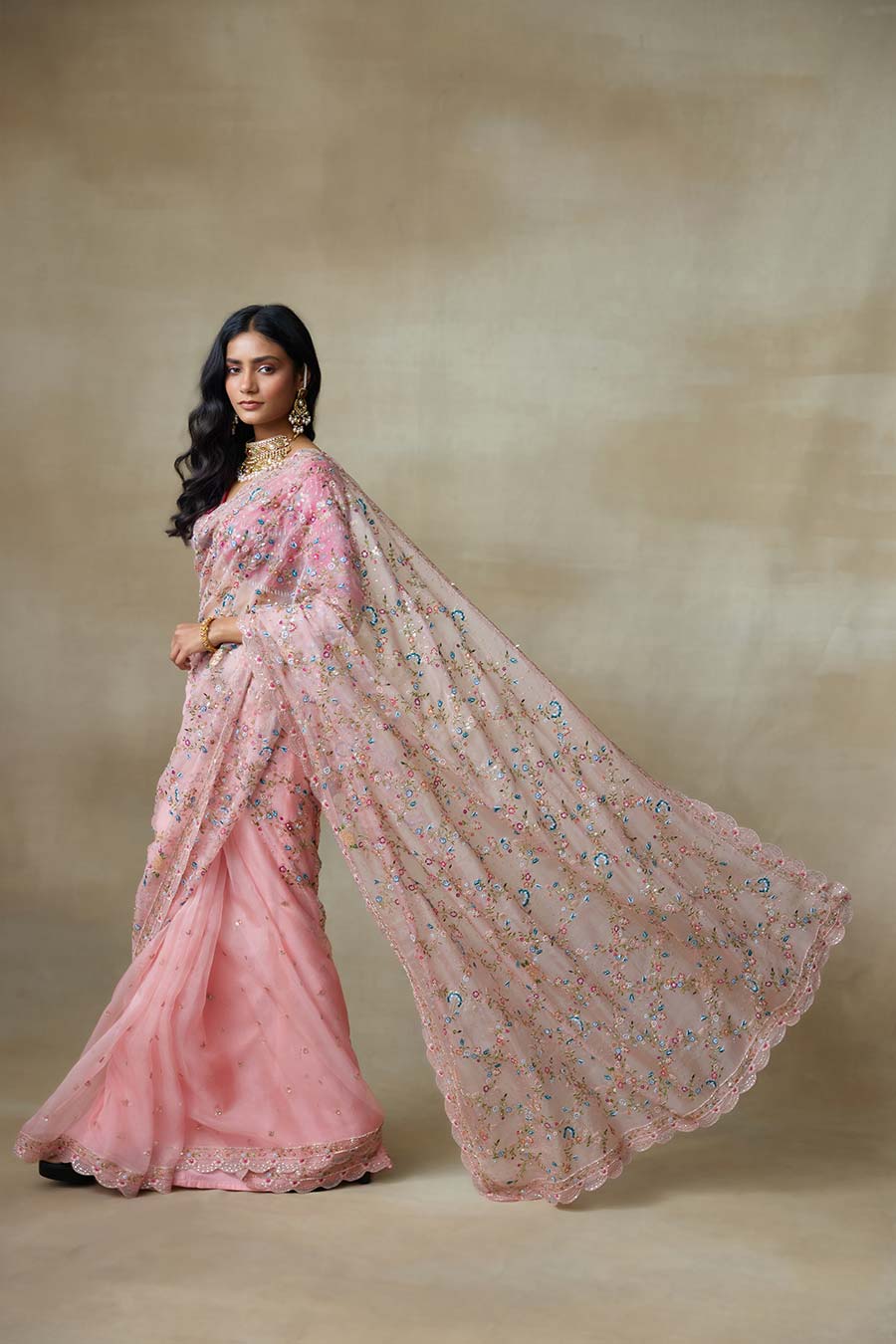 Pink Falcon Embroidered Saree Set