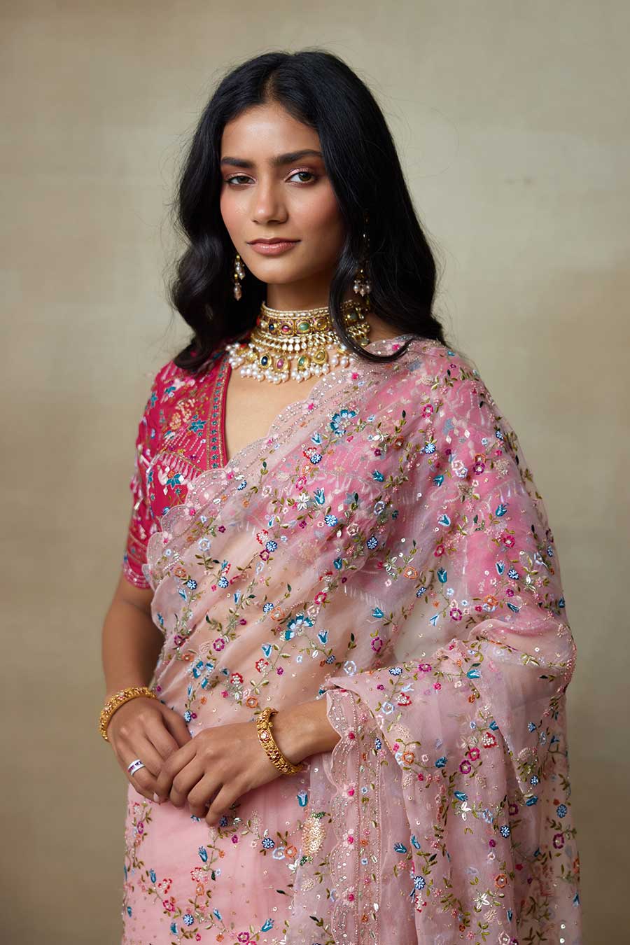 Pink Falcon Embroidered Saree Set