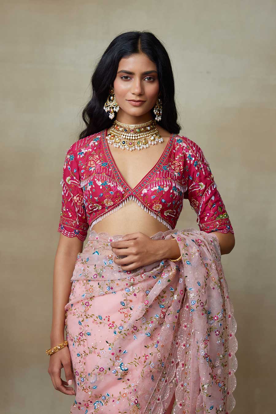 Pink Falcon Embroidered Saree Set