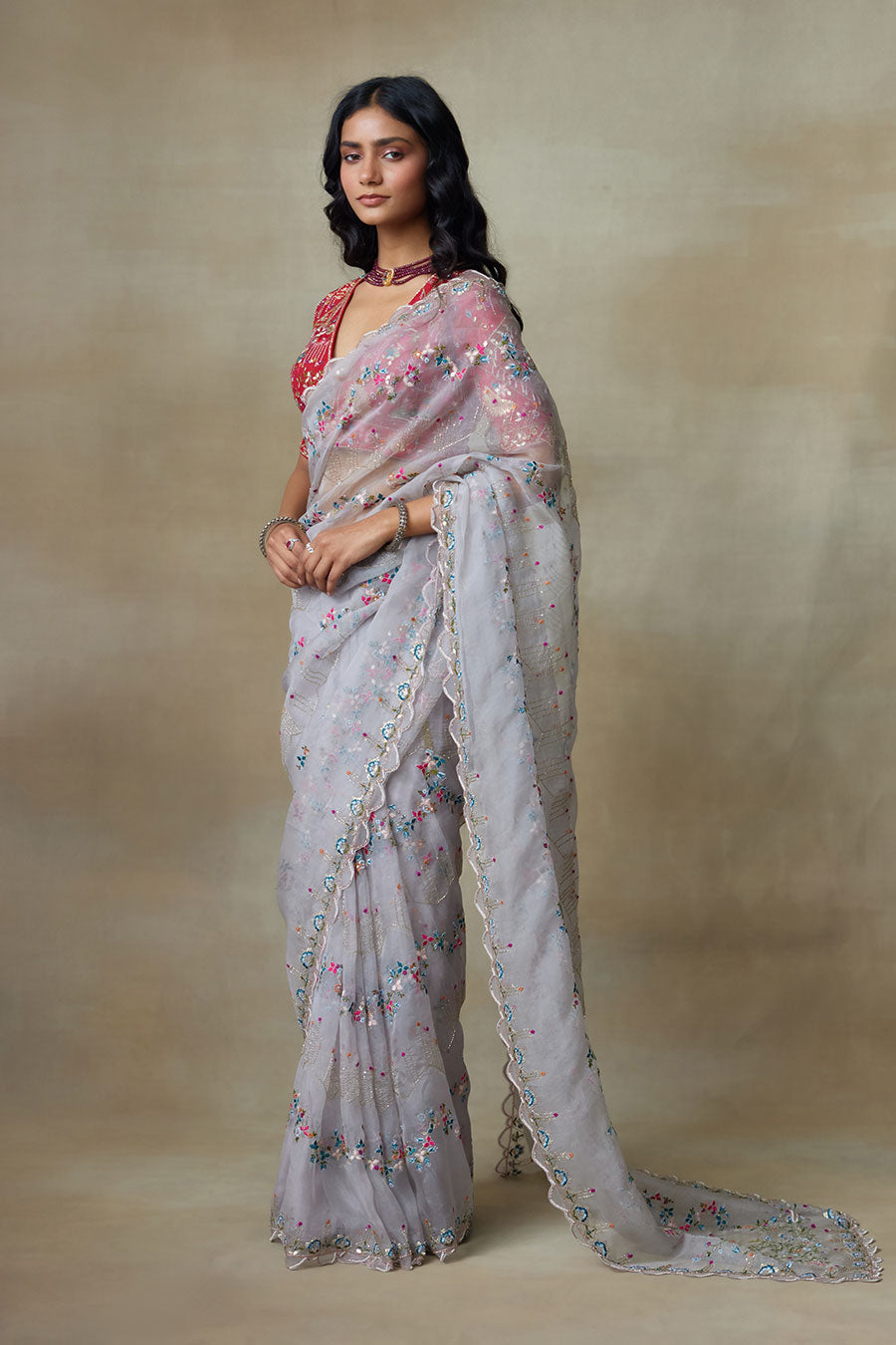 Grey & Red Albratross Embroidered Saree Set