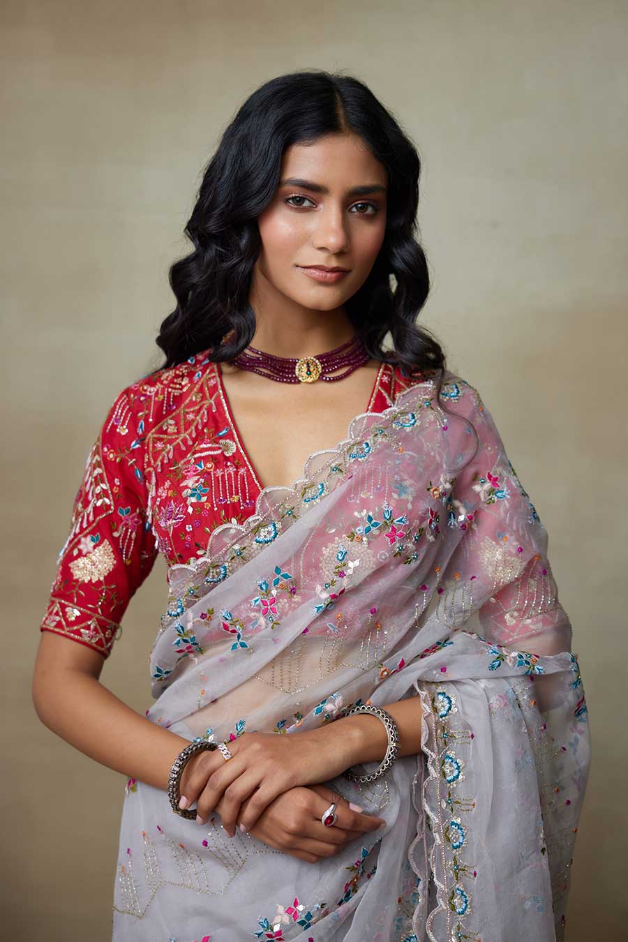 Grey & Red Albratross Embroidered Saree Set