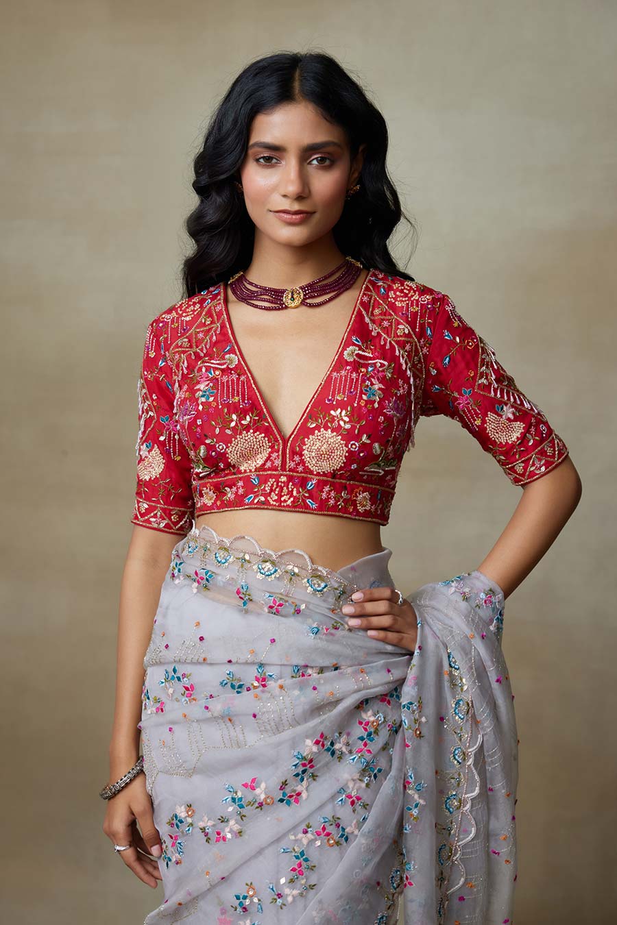 Grey & Red Albratross Embroidered Saree Set