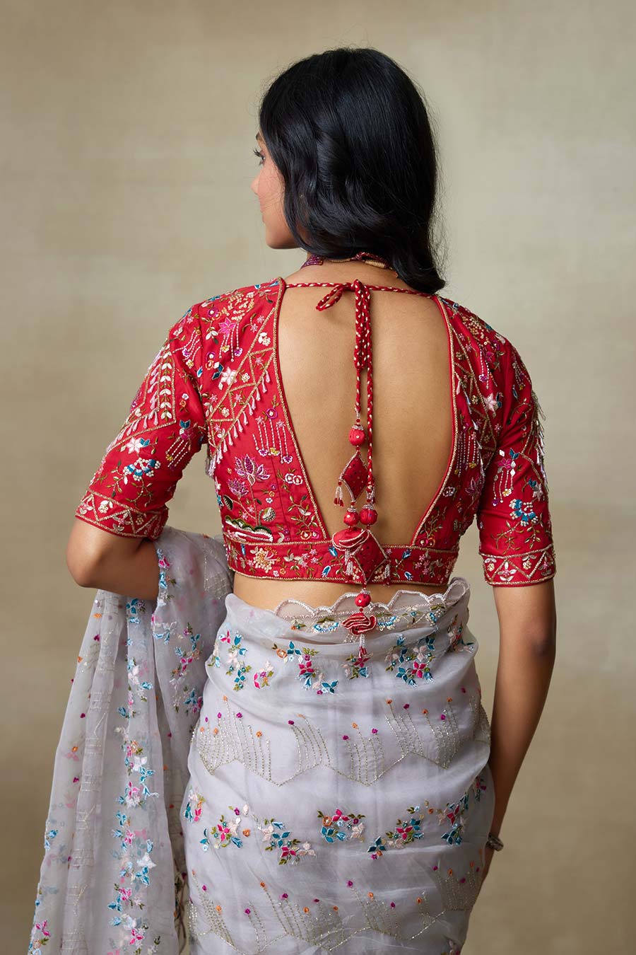 Grey & Red Albratross Embroidered Saree Set