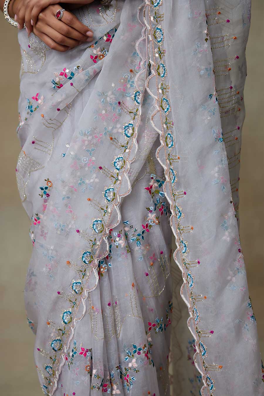 Grey & Red Albratross Embroidered Saree Set