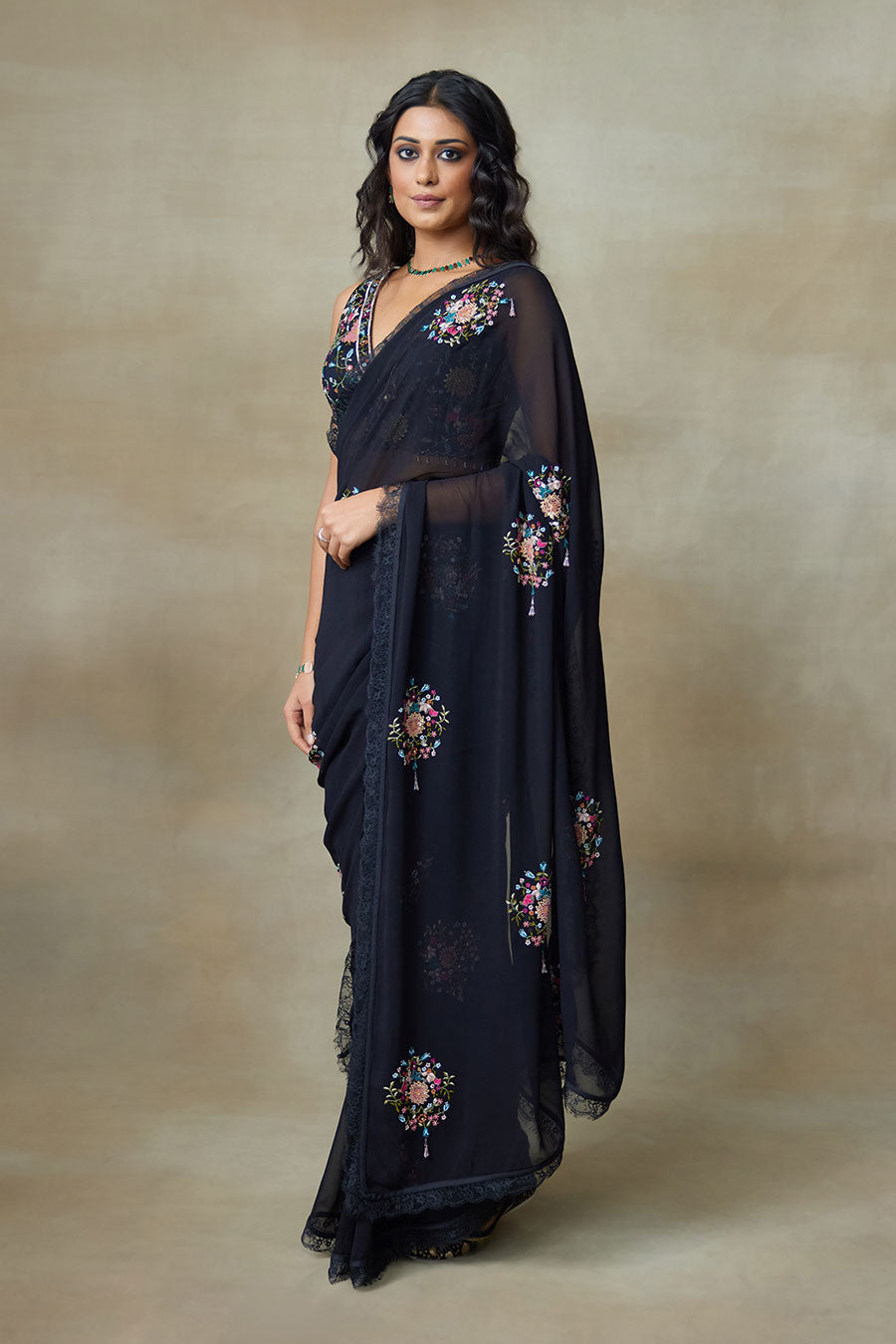 Black Twinkle Embroidered Saree Set