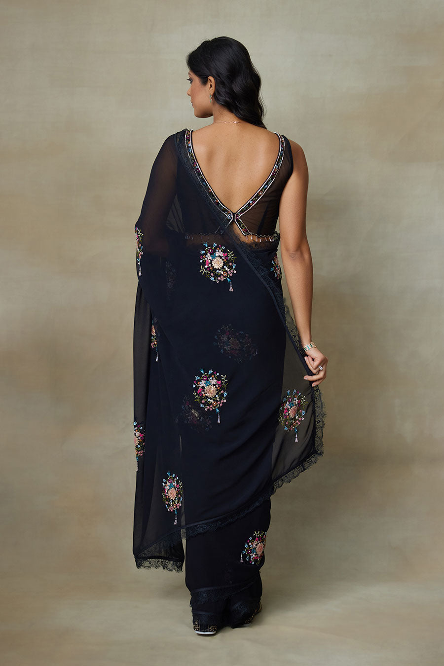 Black Twinkle Embroidered Saree Set