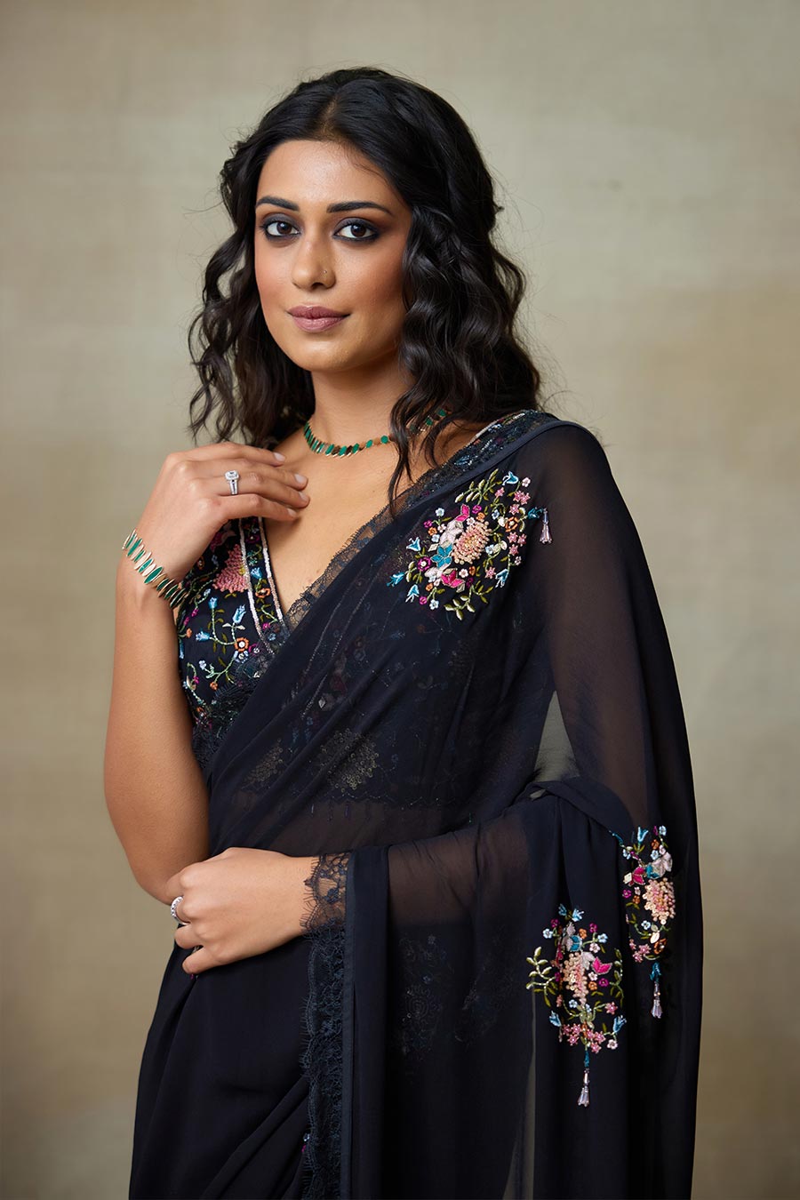 Black Twinkle Embroidered Saree Set
