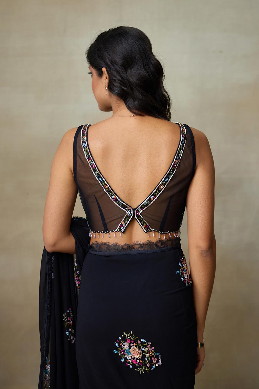 Black Twinkle Embroidered Saree Set