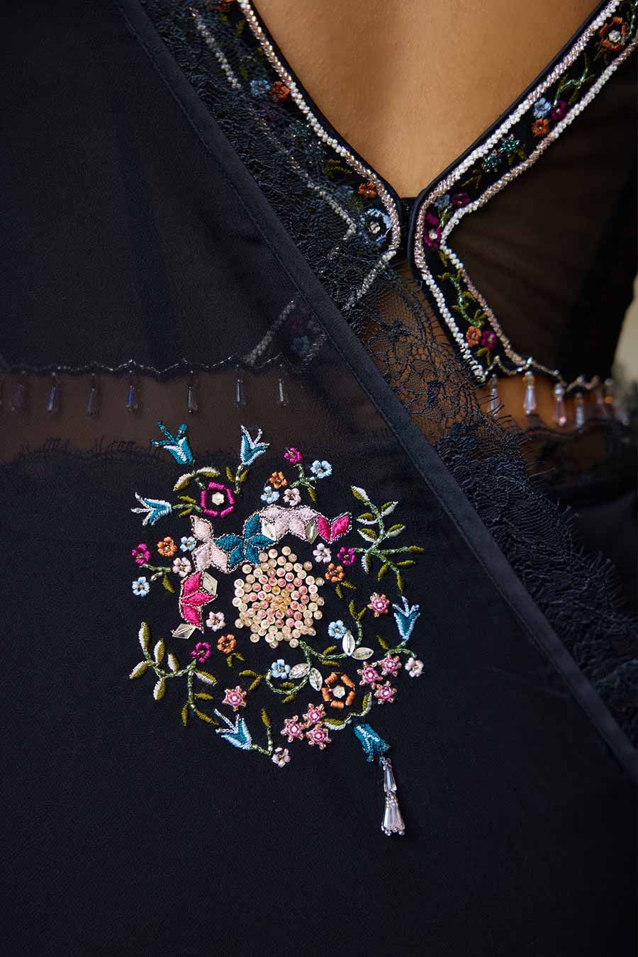 Black Twinkle Embroidered Saree Set