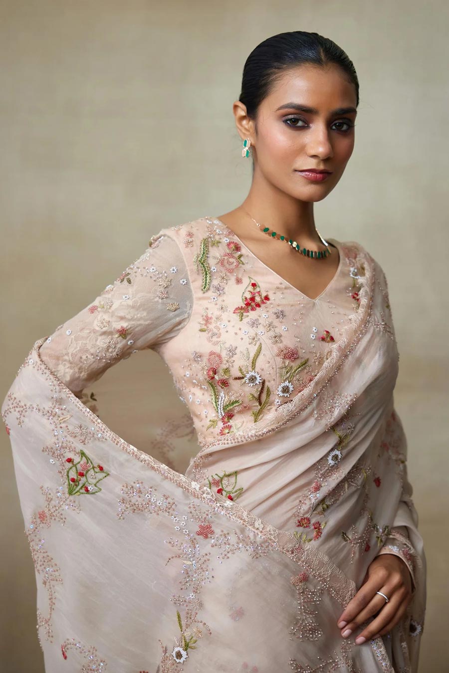 Rose Pink Embroidered Saree Set