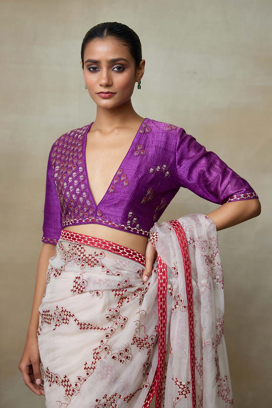Blush & Purple Embroidered Saree Set
