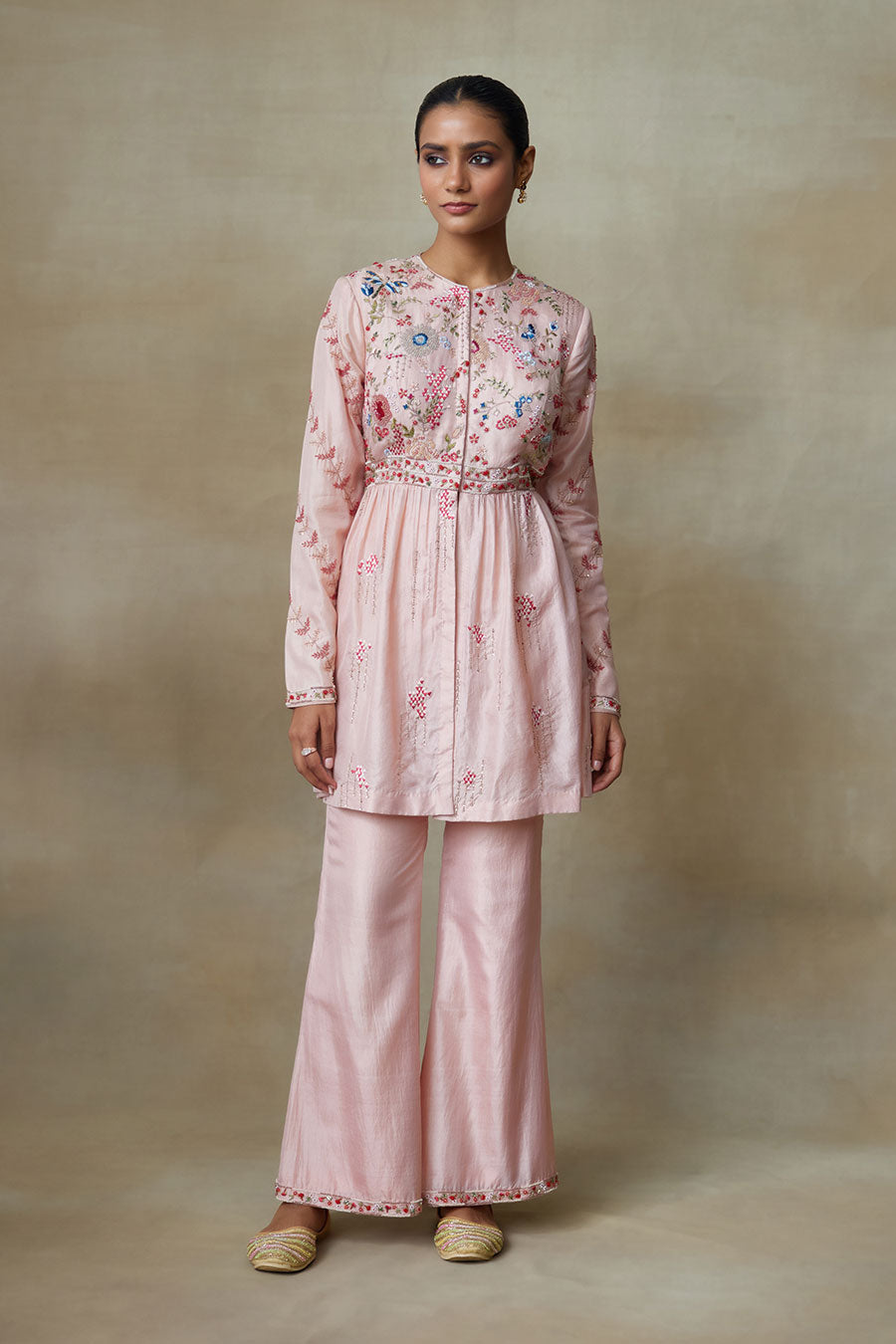 Rose Pink Petal Embroidered Tunic & Pant Set