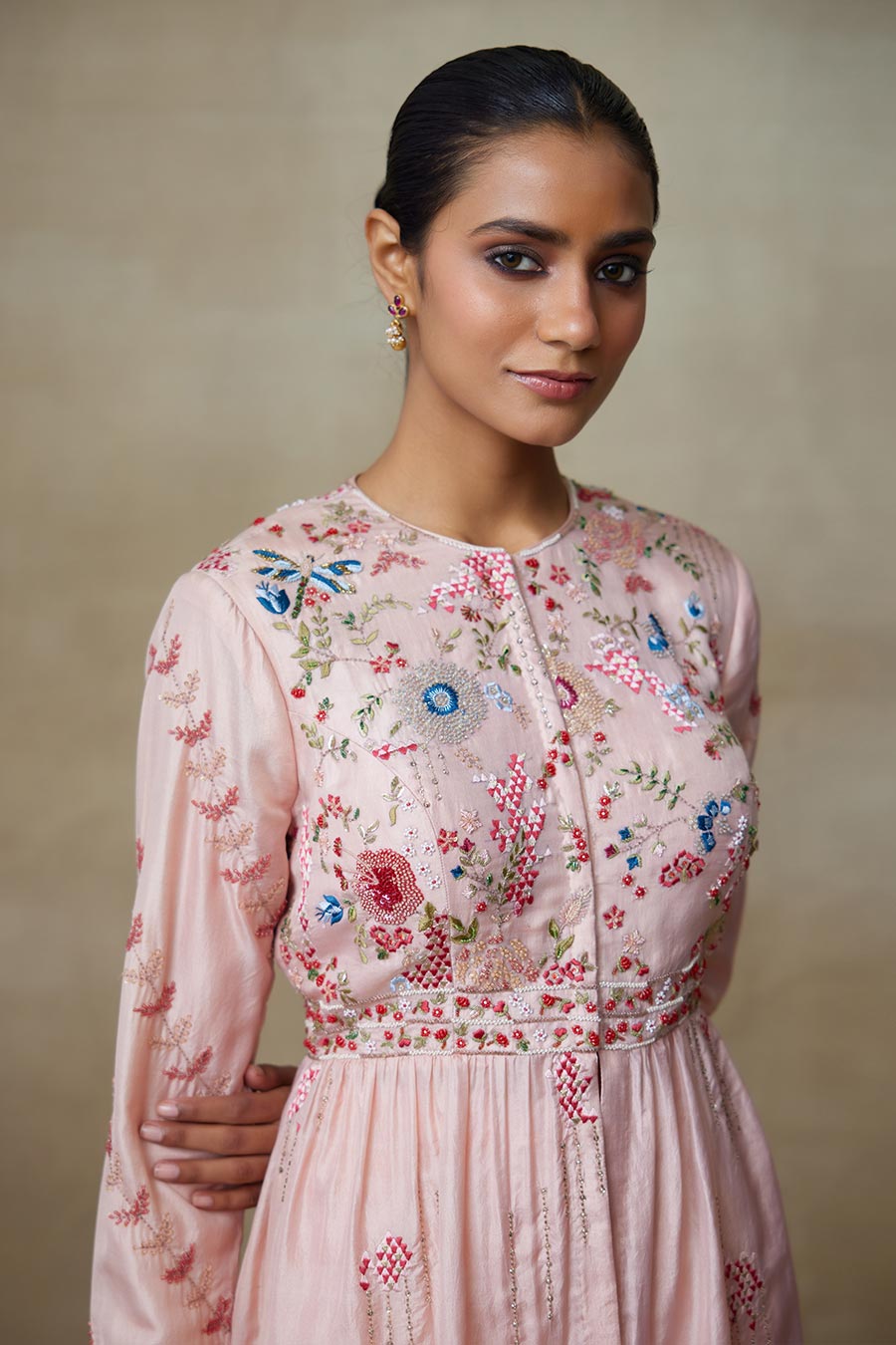 Rose Pink Petal Embroidered Tunic & Pant Set