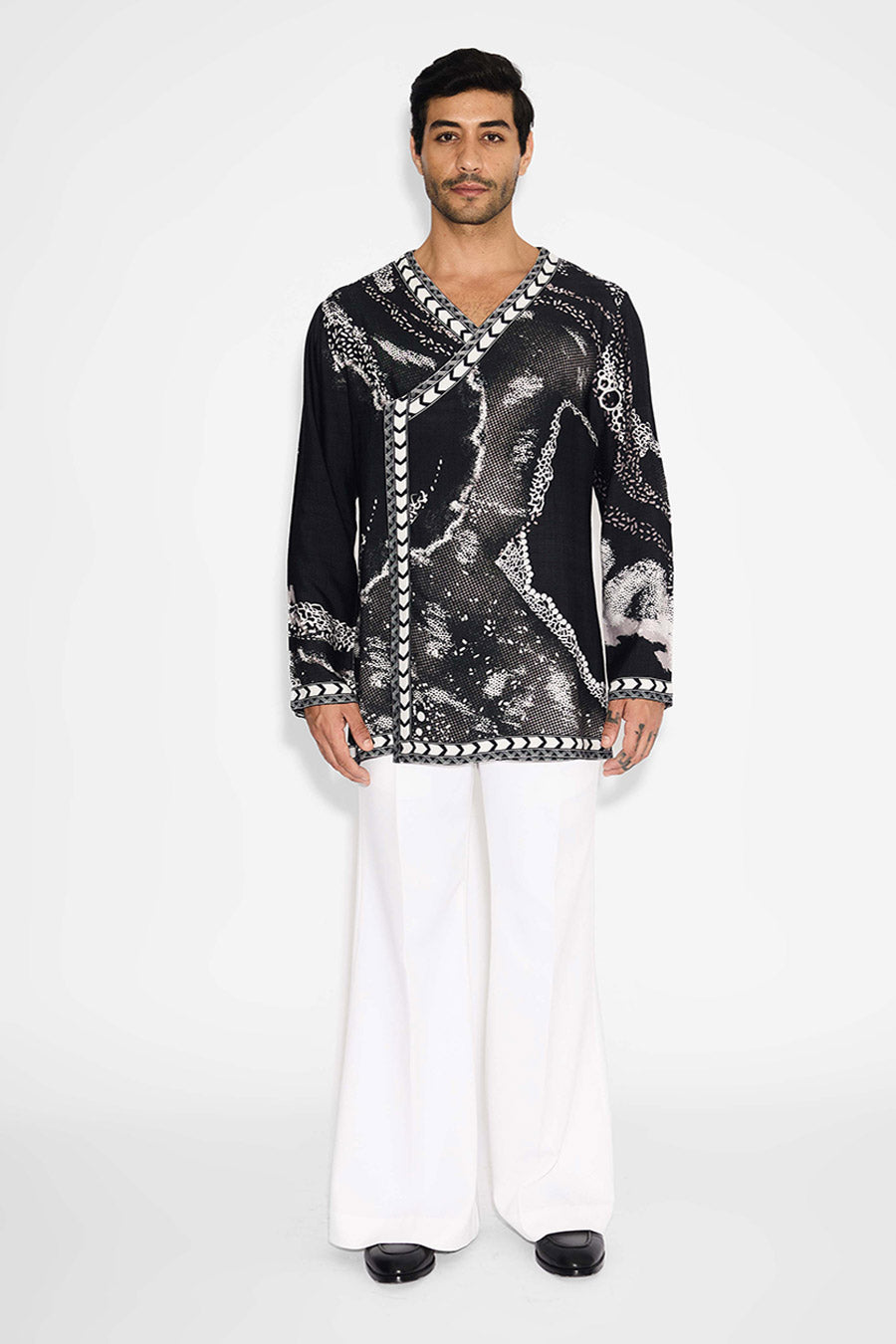 Black Morph Wave Printed Angrakha Kurta
