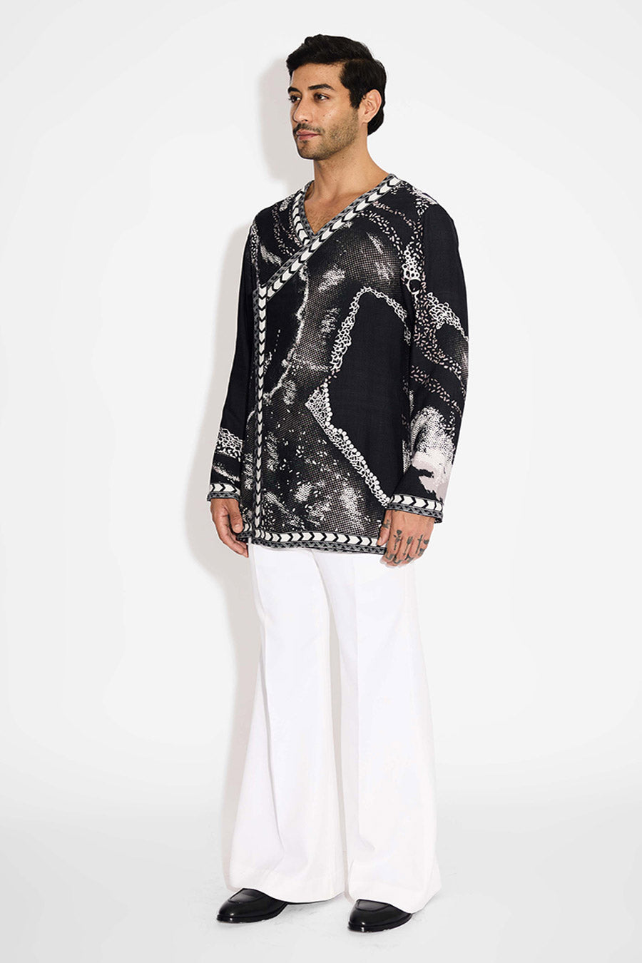 Black Morph Wave Printed Angrakha Kurta
