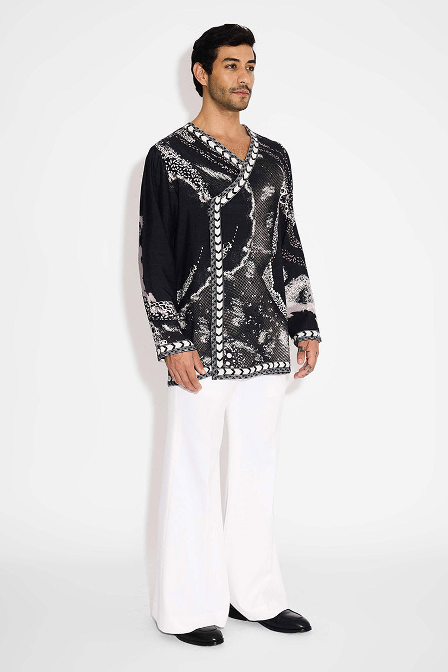 Black Morph Wave Printed Angrakha Kurta