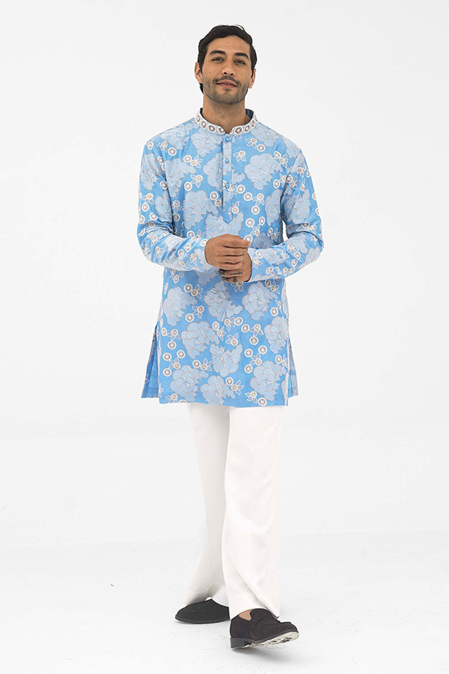 Frost Blue Petal Grid Short Kurta