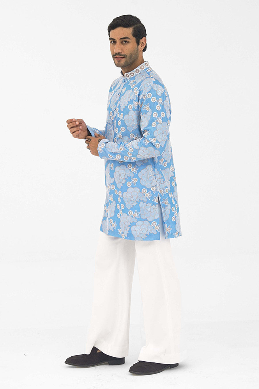 Frost Blue Petal Grid Short Kurta