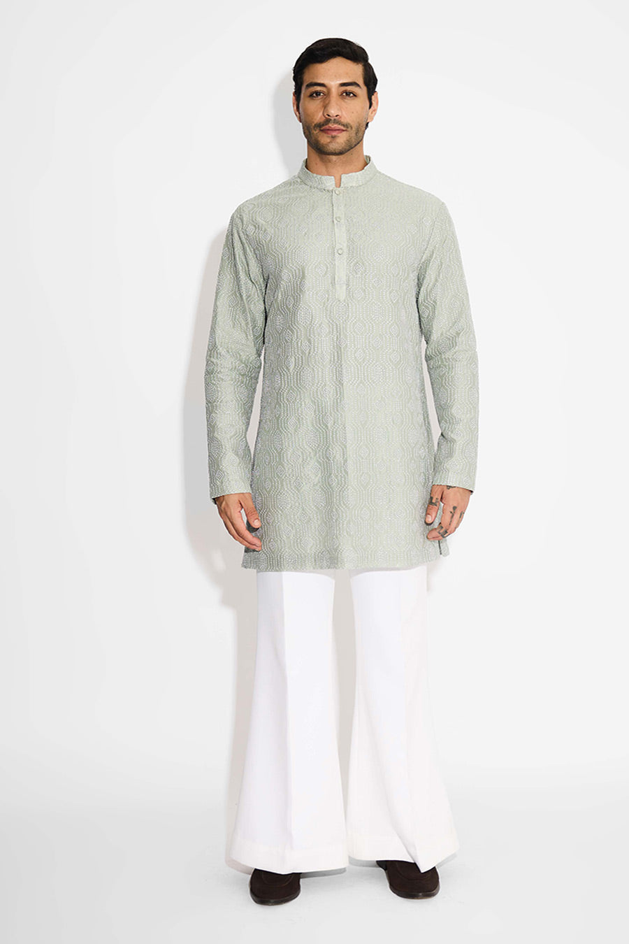Ash Green Hexagon Dots Embellished Short Kurta