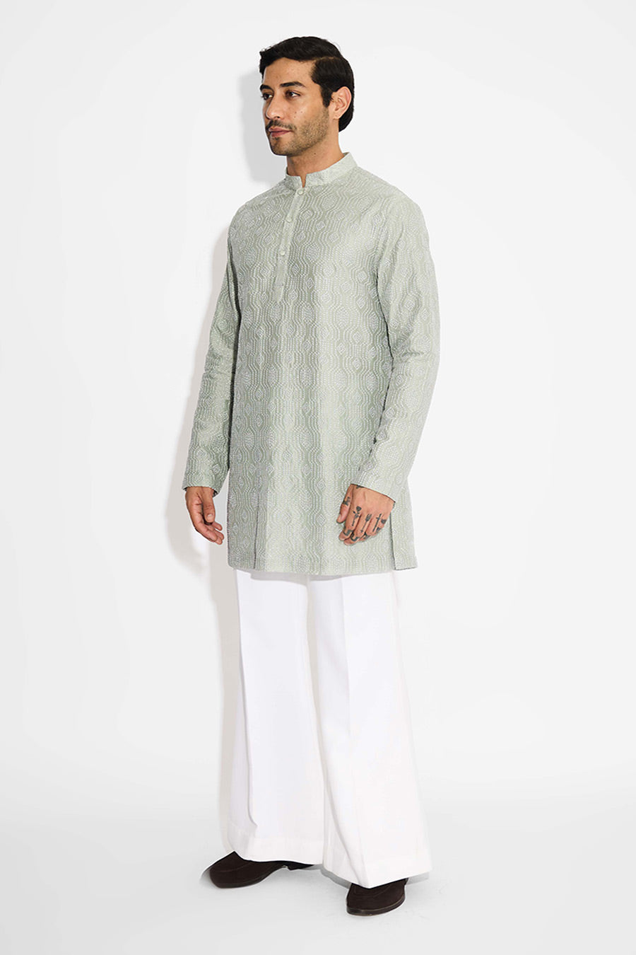 Ash Green Hexagon Dots Embellished Short Kurta