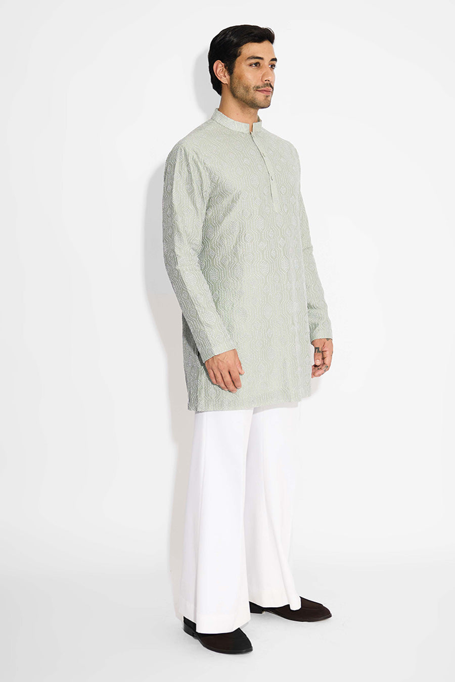 Ash Green Hexagon Dots Embellished Short Kurta