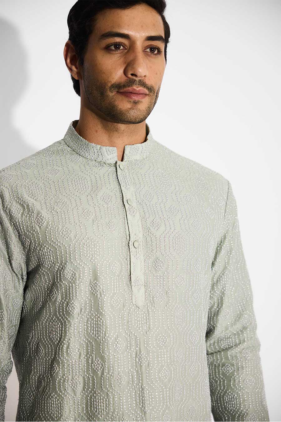 Ash Green Hexagon Dots Embellished Short Kurta