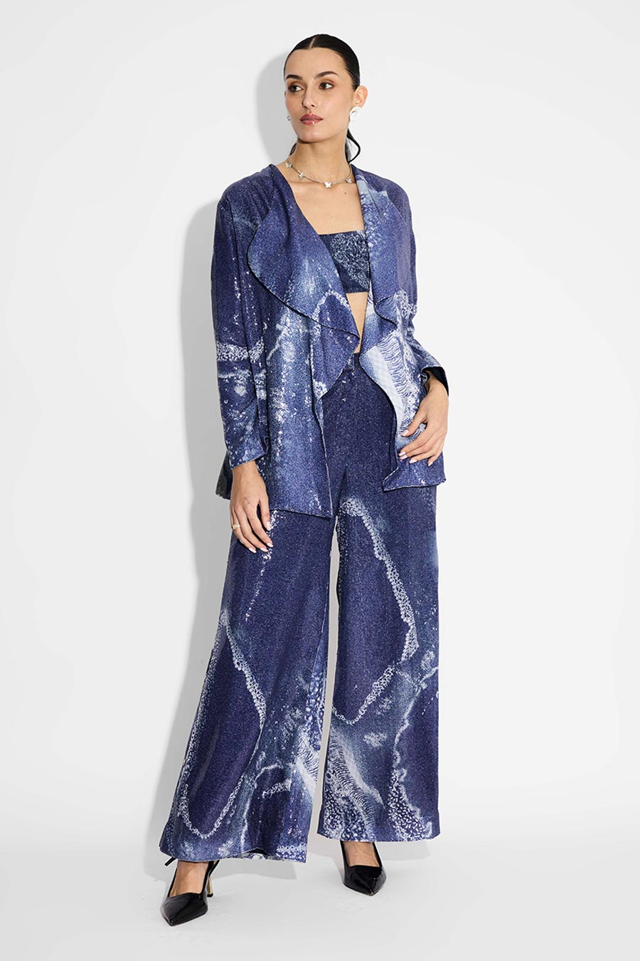 Blue Sequins Printed Shrug