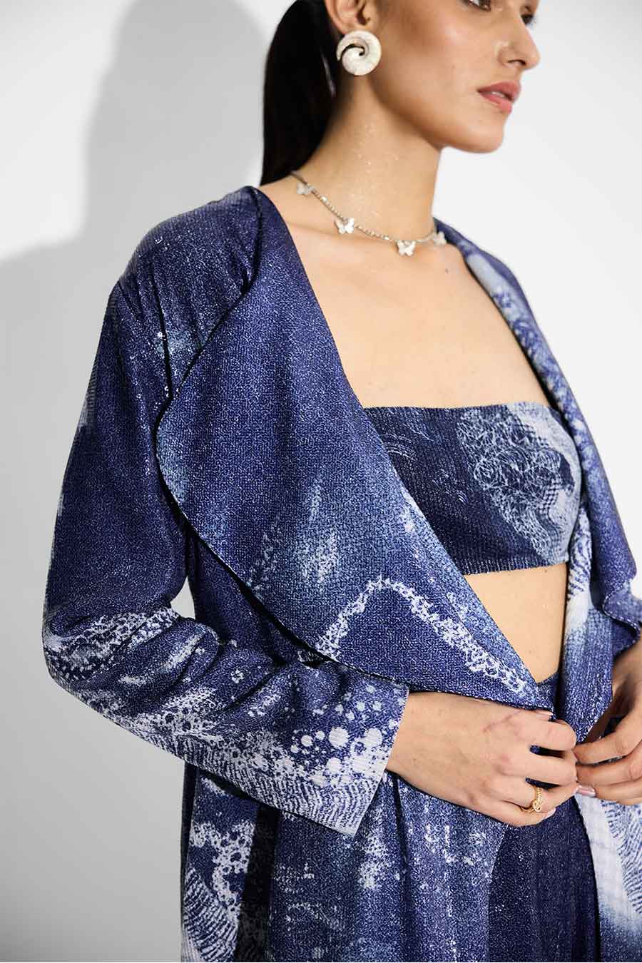 Blue Sequins Printed Shrug