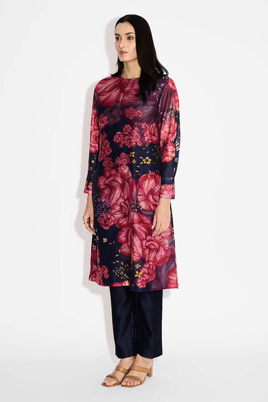 Blue & Pink Floral Printed Straight Kurta