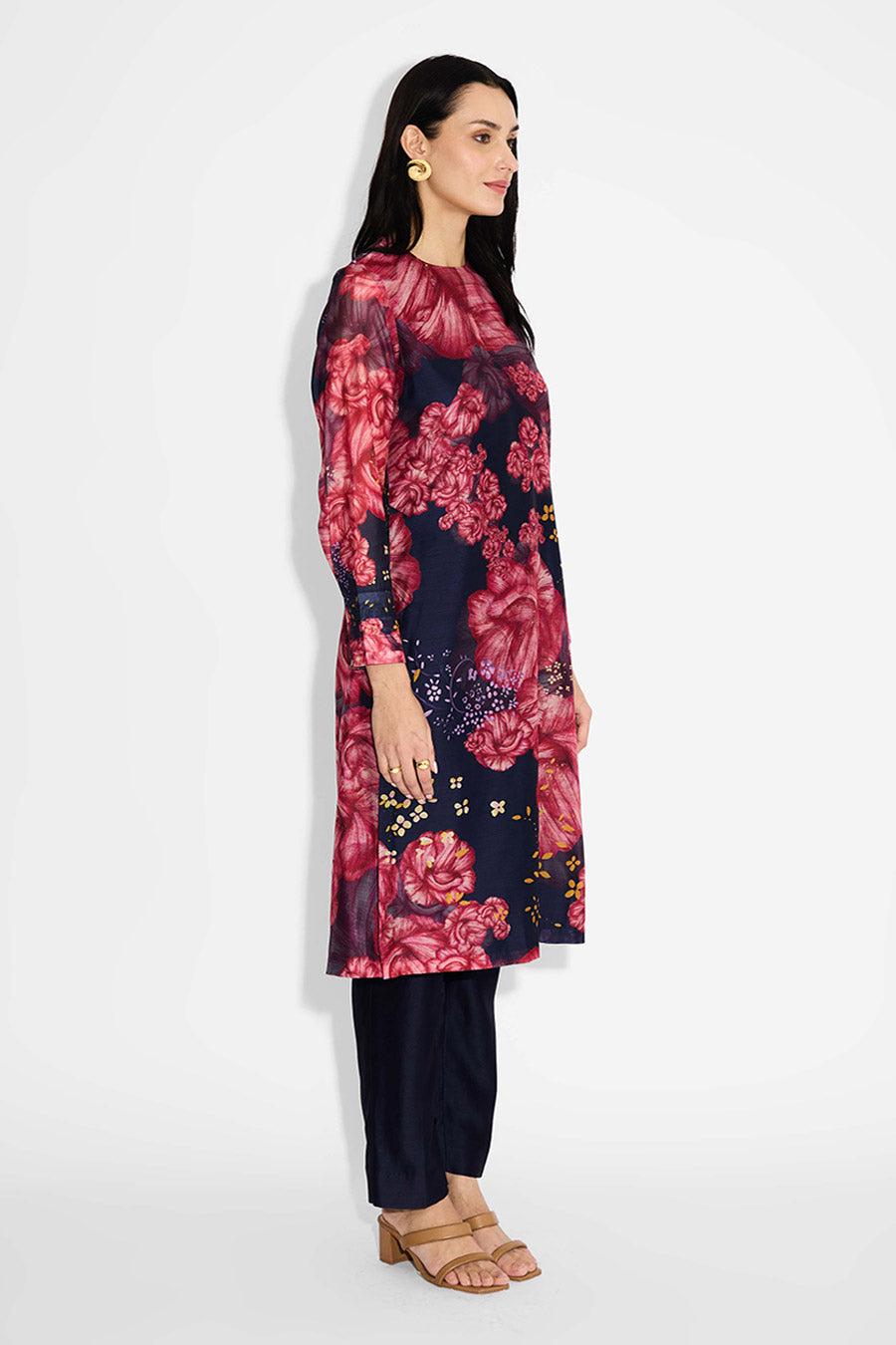 Blue & Pink Floral Printed Straight Kurta