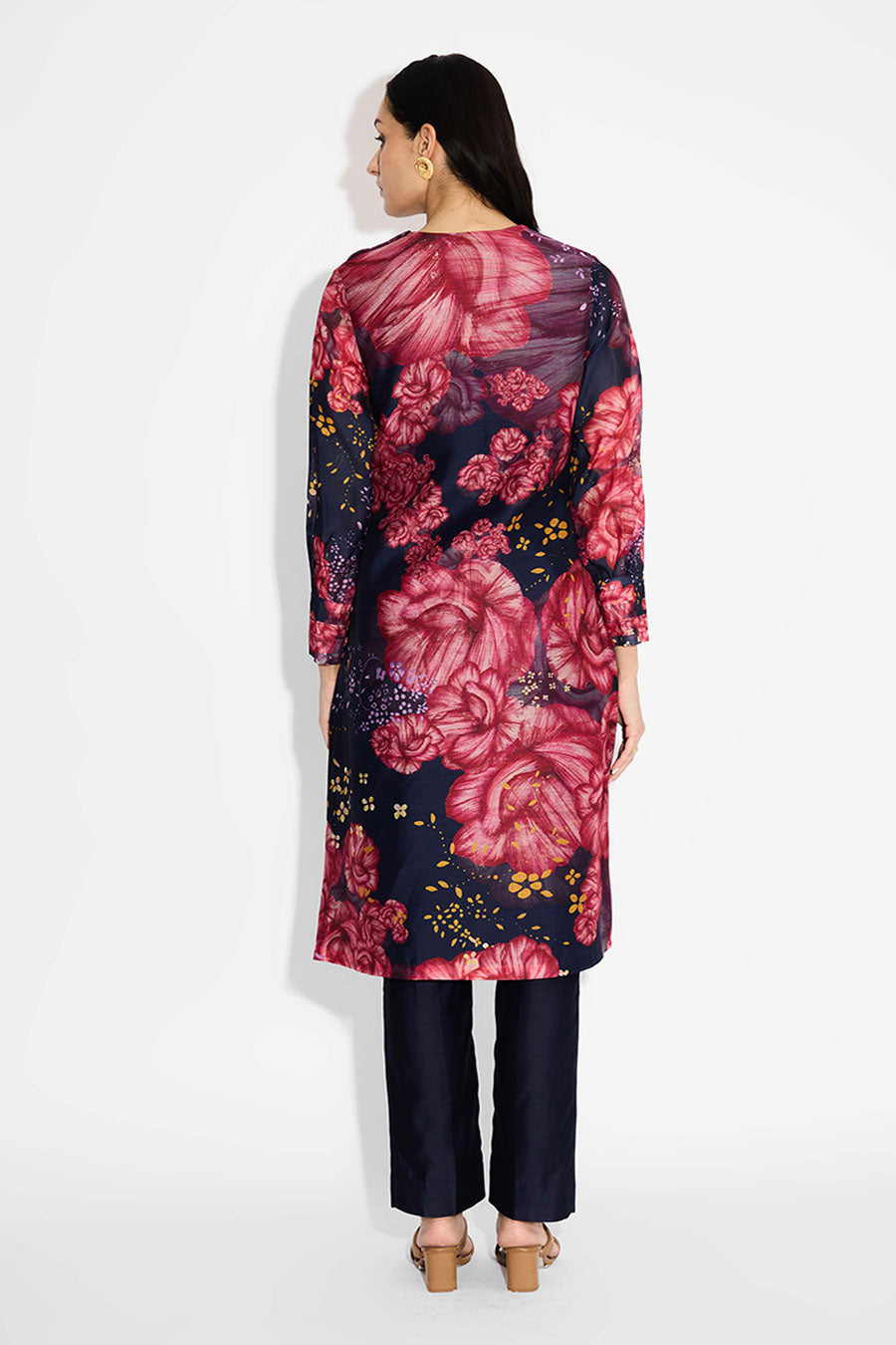 Blue & Pink Floral Printed Straight Kurta