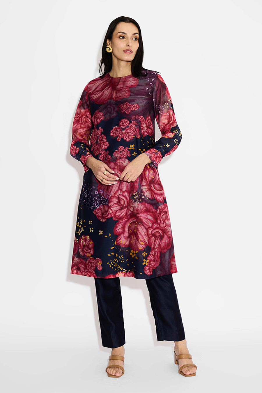 Blue & Pink Floral Printed Straight Kurta