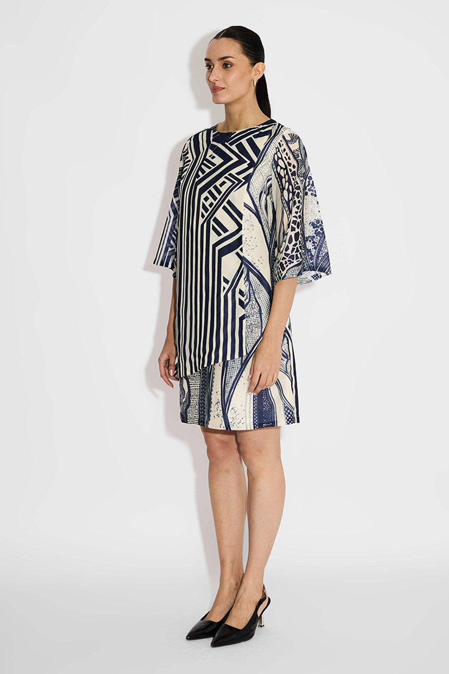 Ivory & Blue Striped Wrap Dress