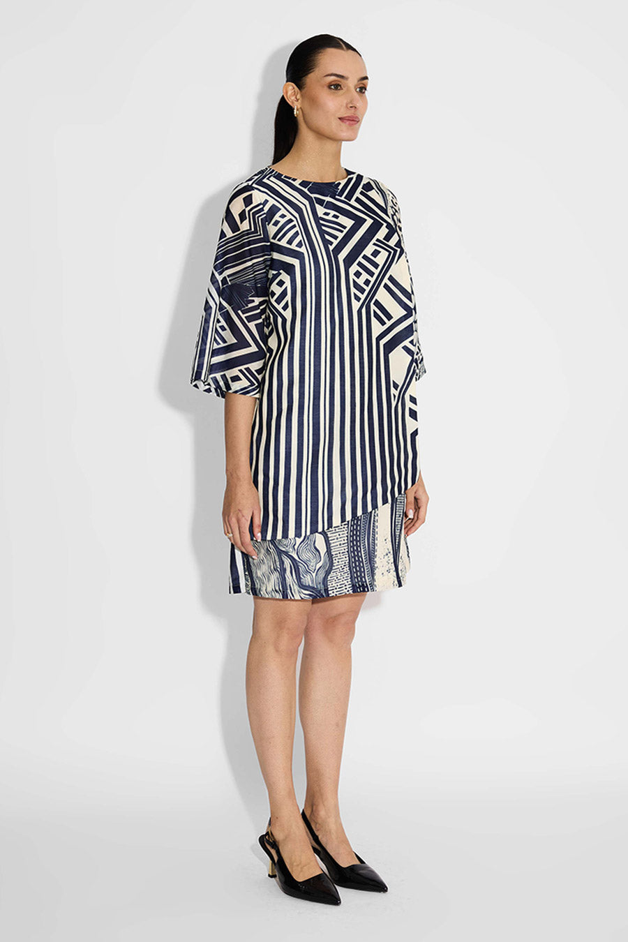 Ivory & Blue Striped Wrap Dress