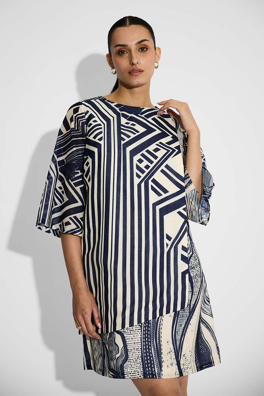 Ivory & Blue Striped Wrap Dress