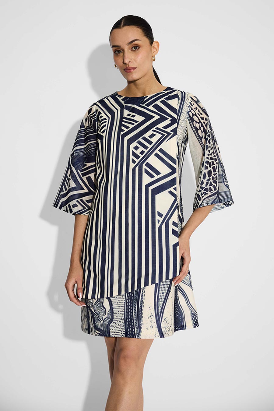 Ivory & Blue Striped Wrap Dress