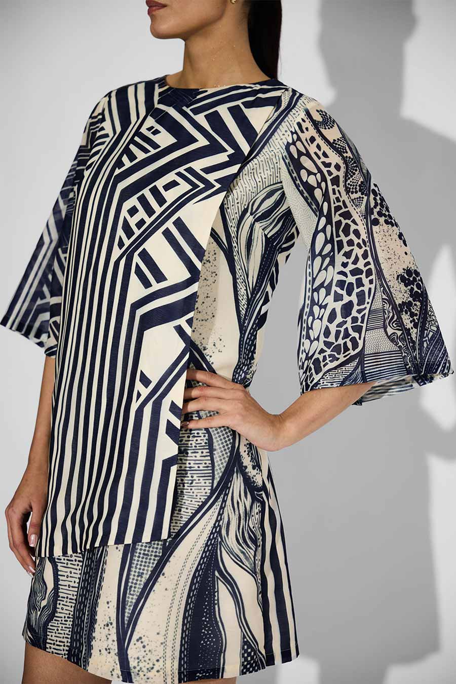 Ivory & Blue Striped Wrap Dress