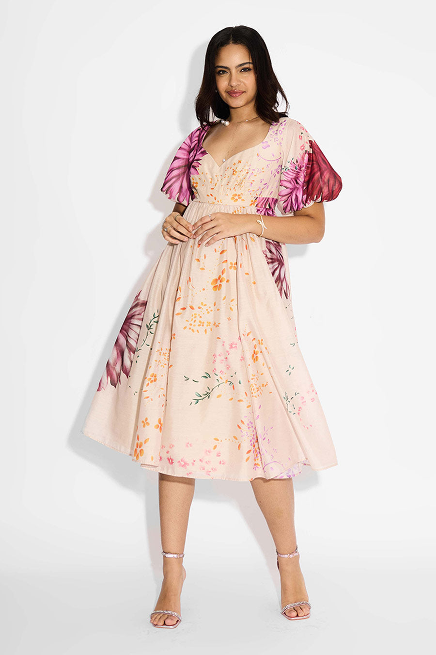 Beige Floral Printed Dress