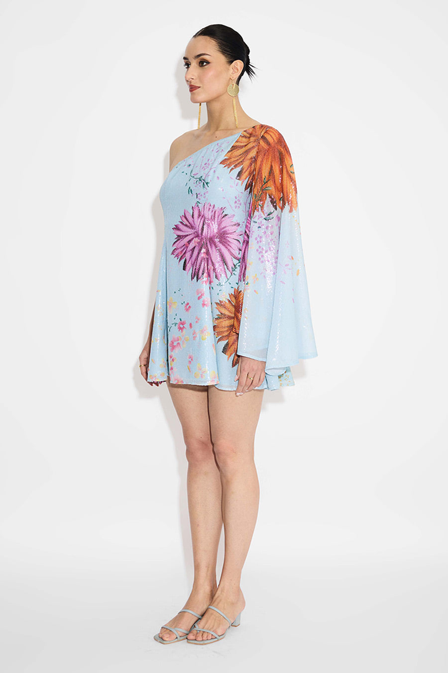 Blue Floral Sequins One-Shoulder Dress