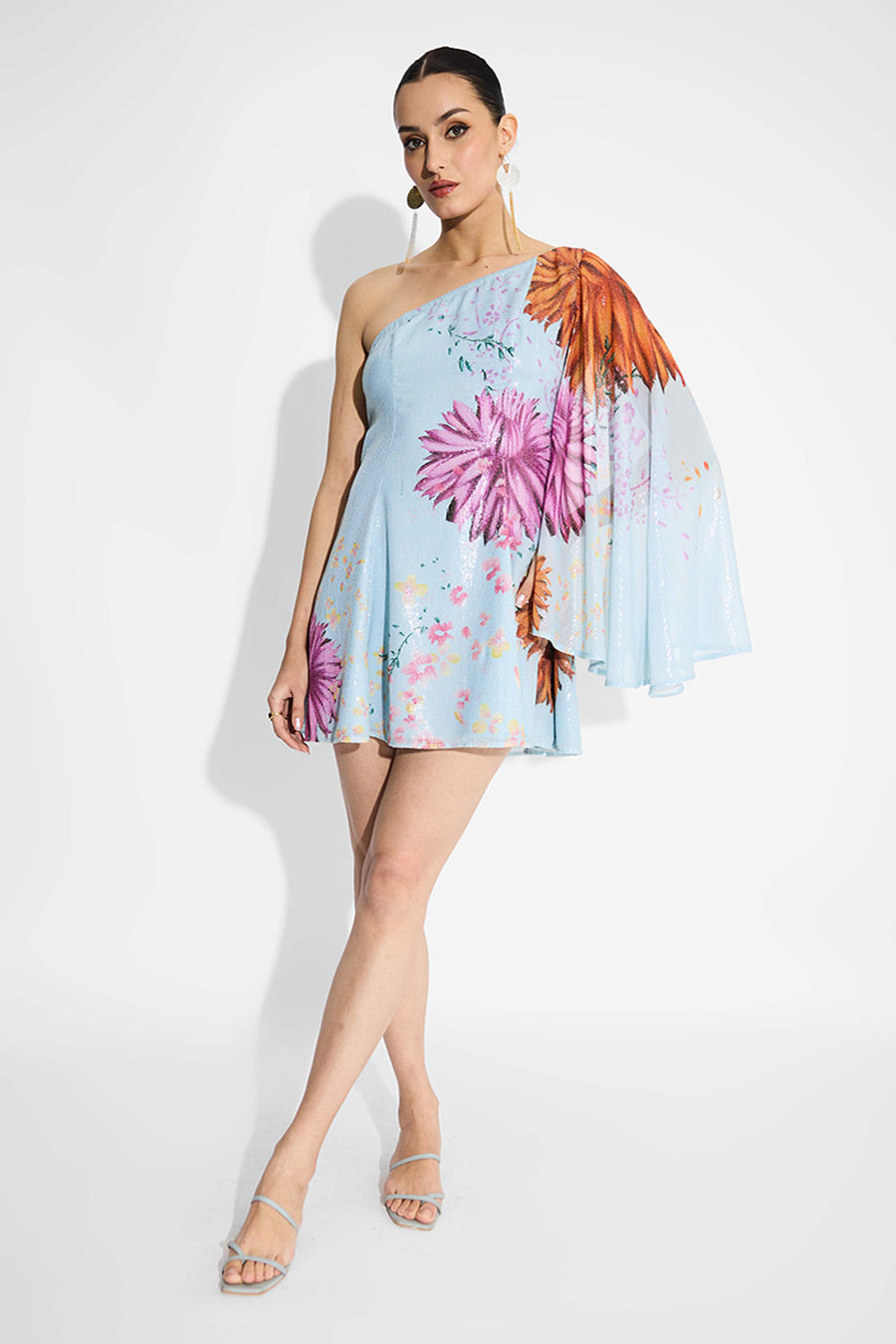 Blue Floral Sequins One-Shoulder Dress