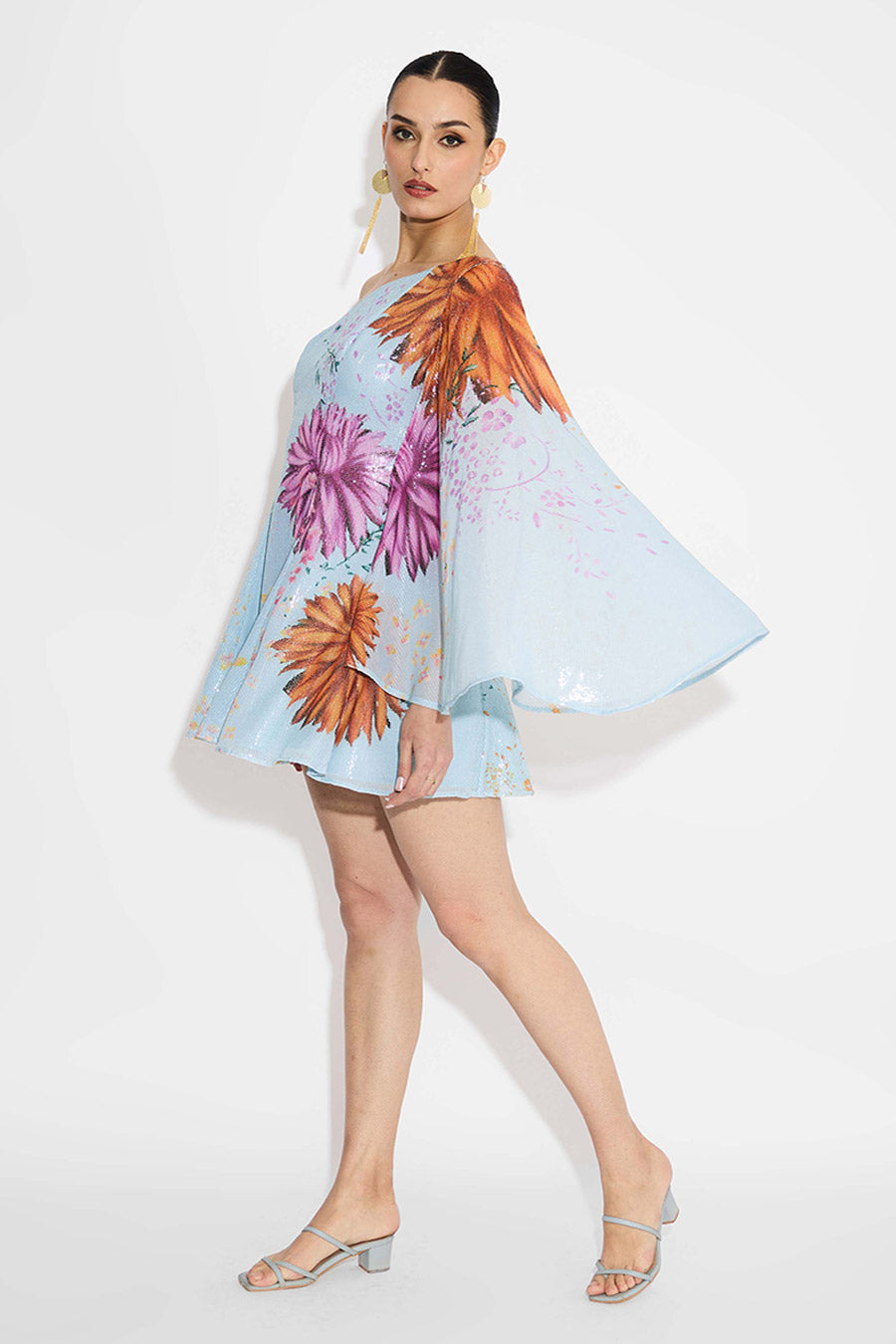 Blue Floral Sequins One-Shoulder Dress