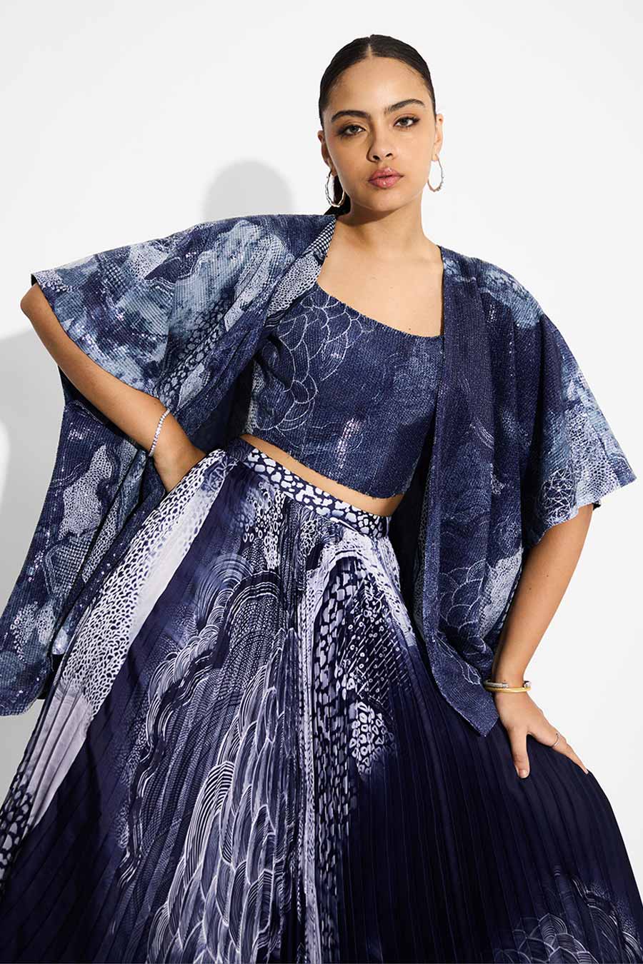 Blue Swirl Sequins Printed Shrug