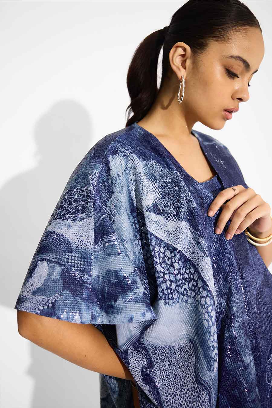 Blue Swirl Sequins Printed Shrug