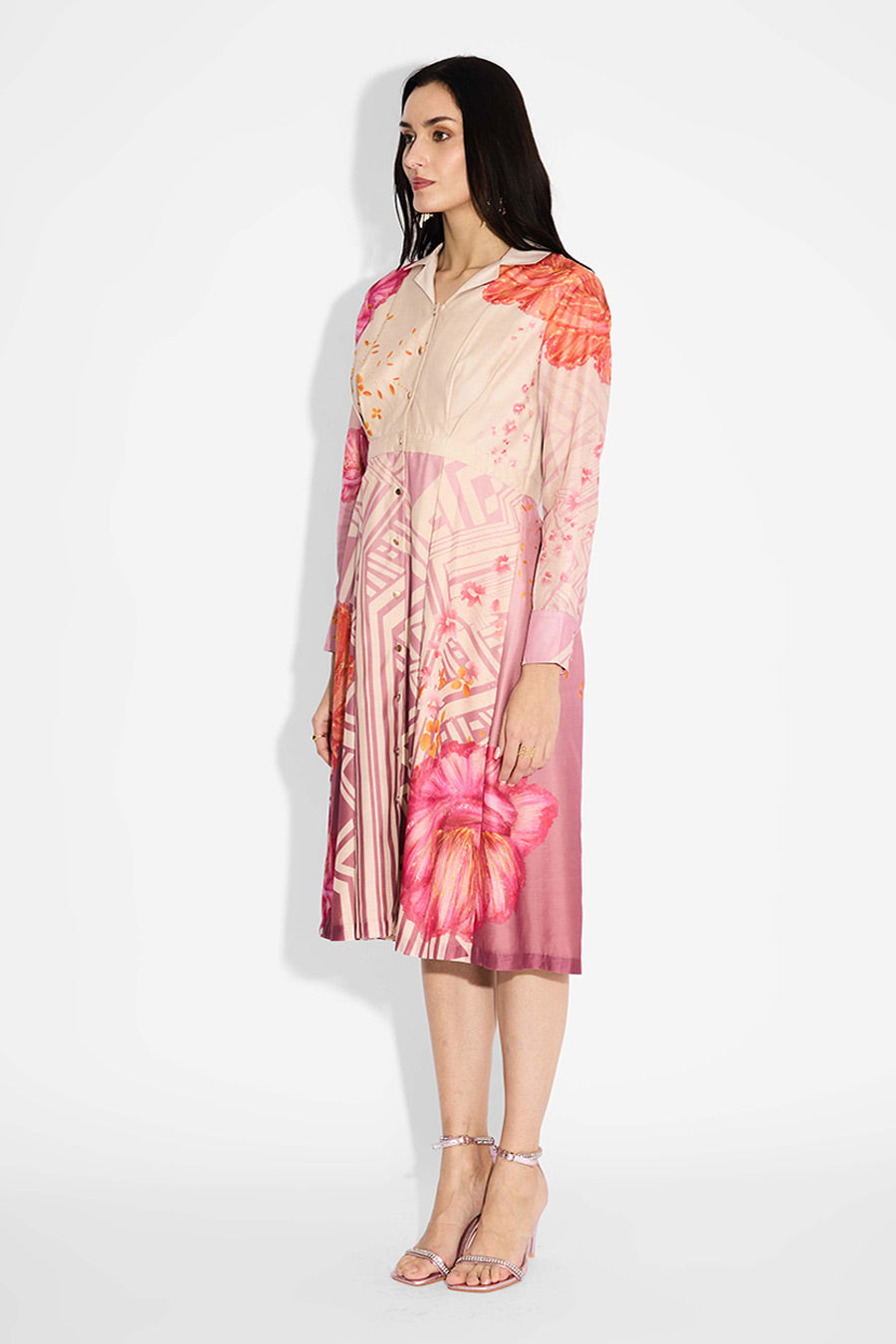 Beige Ombre Floral Pleated Dress